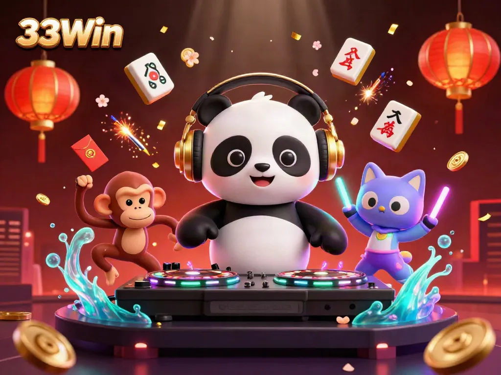 Experience dynamic gaming with 33Win's immersive 3D casino scene featuring vibrant characters and emblematic elements.