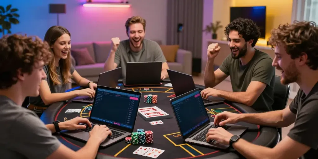 Group enjoying the best non gamstop casino experience with laptops and chips