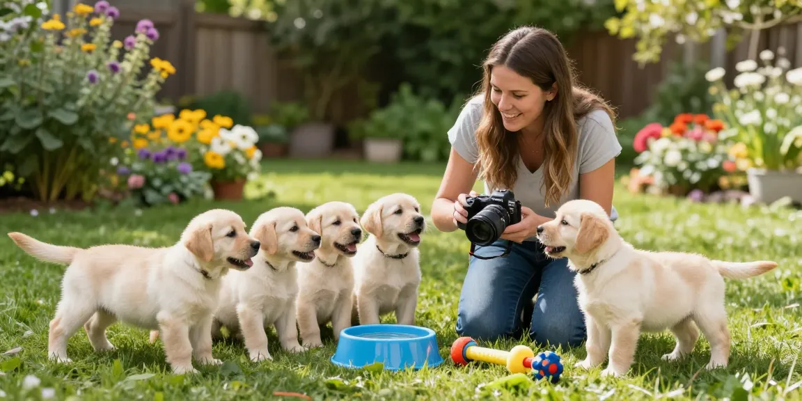 Ethical lab breeder nurturing healthy Labrador puppies in a sunny garden environment