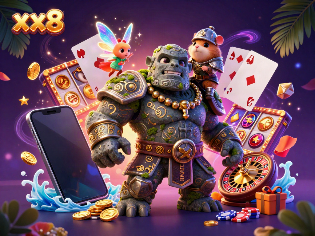 Experience the thrill of xx8 with a magical golem guardian, gaming elements, and vibrant colors.