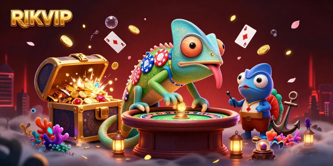 RIKVIP dynamic casino scene with a colorful chameleon and floating cards, rich treasures abound