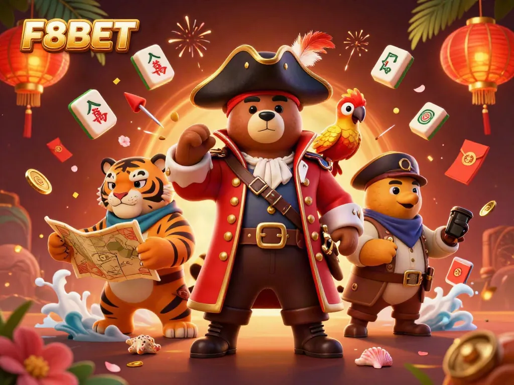 Bet big with F8BET in a vibrant 3D casino scene featuring adventurous characters and exciting elements.