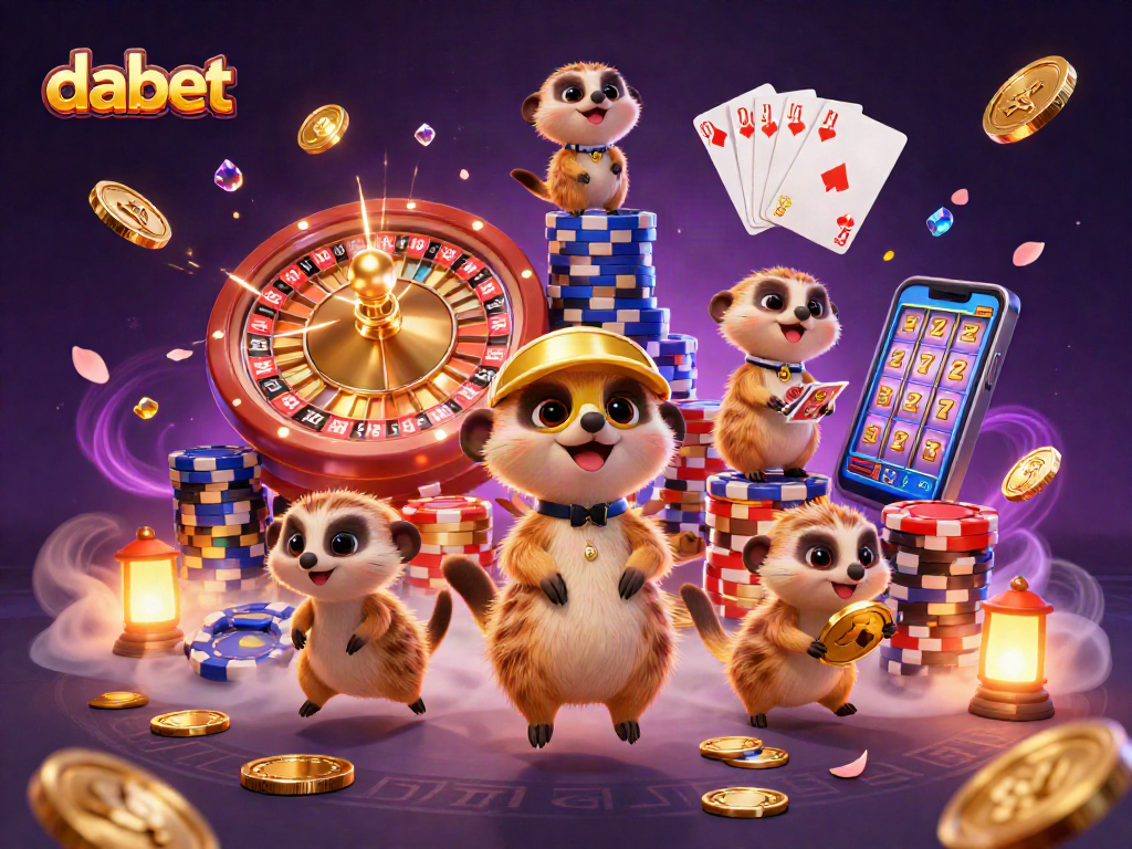 Engage in thrilling gaming at dabet with 3D meerkats running a vibrant casino operation.