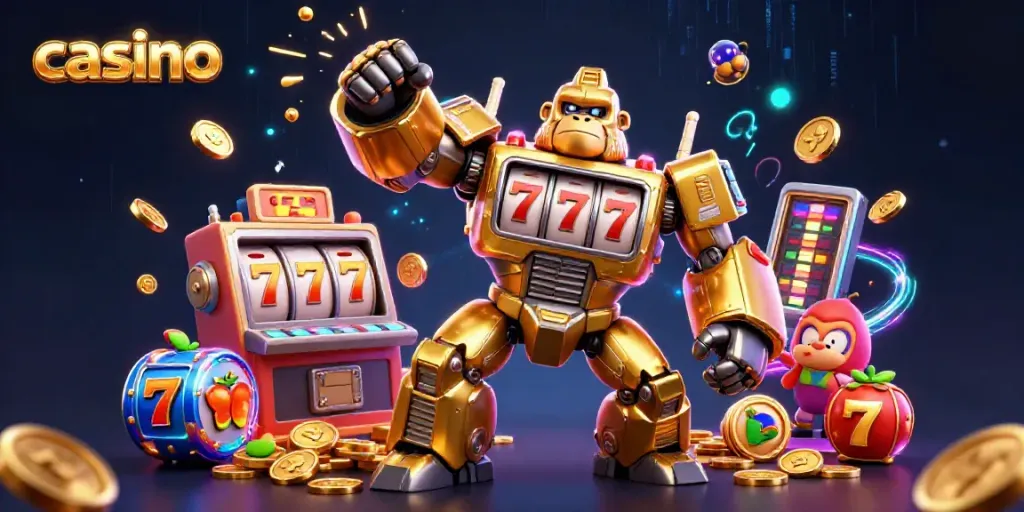 Casino illustration featuring a mech gorilla made of slot machine parts with dynamic elements like coins and jackpots.