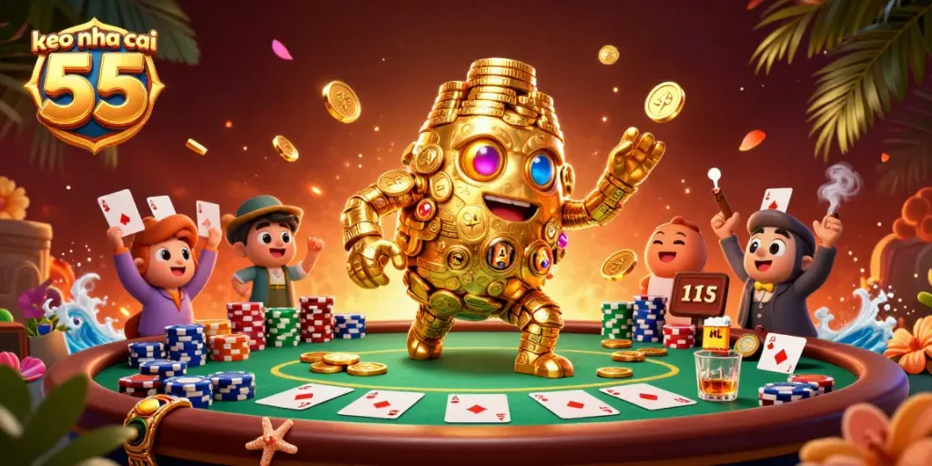 Engage with keo nha cai 55 illustrated by a captivating 3D golden golem amidst vibrant poker elements.