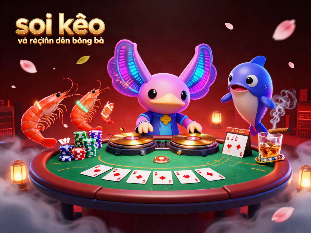 Soi kèo và nhận định bóng đá inspired scene with a neon axolotl DJ, lively poker elements, and dynamic atmosphere.