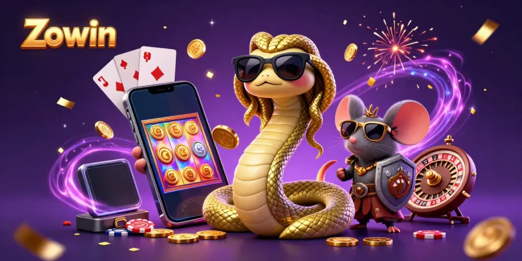 Zowin rewards players with golden coins and action-packed slot games in vibrant 3D illustration.