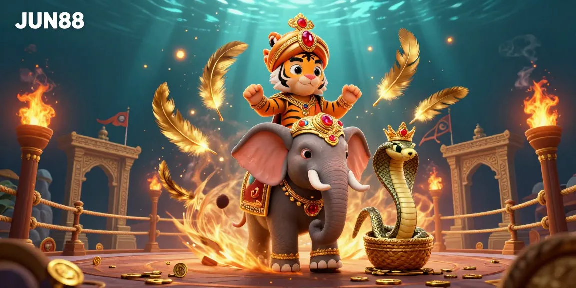 Experience thrilling gameplay at JUN88 with vibrant 3D casino elements featuring a majestic maharaja and elephant.