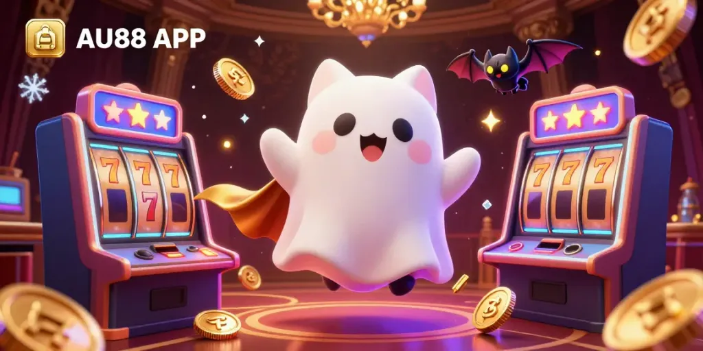 Elevate your gaming with the AU88 APP in this vibrant, casino-themed illustration featuring a ghost cat and vampire bat.