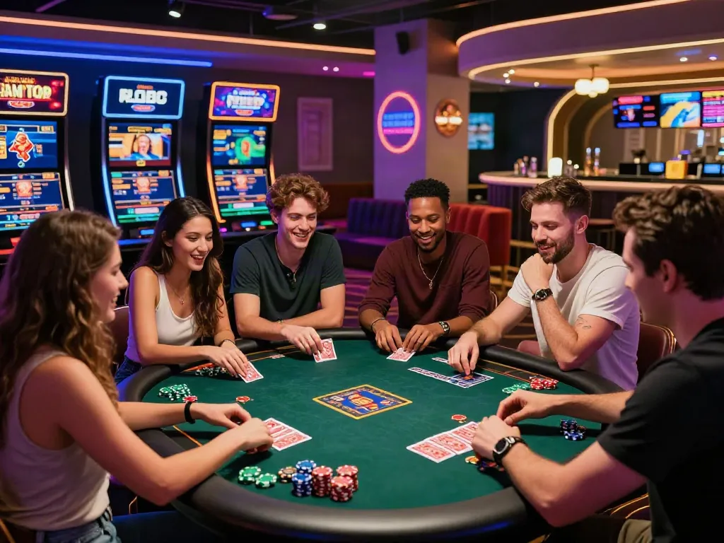Exciting scene of friends enjoying games at the best non gamstop casino, vibrant atmosphere with colorful chips and screens.