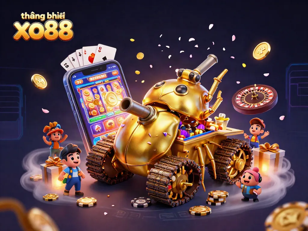 Experience the excitement at thương hiệu xo88 with a dynamic 3D casino scene featuring golden beetle tank and gaming elements.