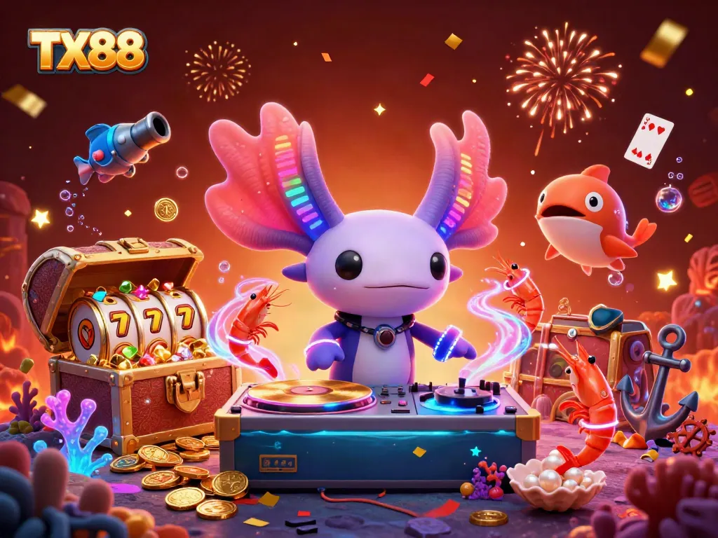 TX88 spins golden reels in a vibrant underwater casino scene, showcasing lively marine characters.