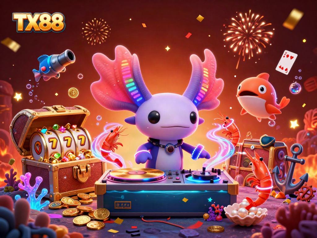 TX88 spins golden reels in a vibrant underwater casino scene, showcasing lively marine characters.