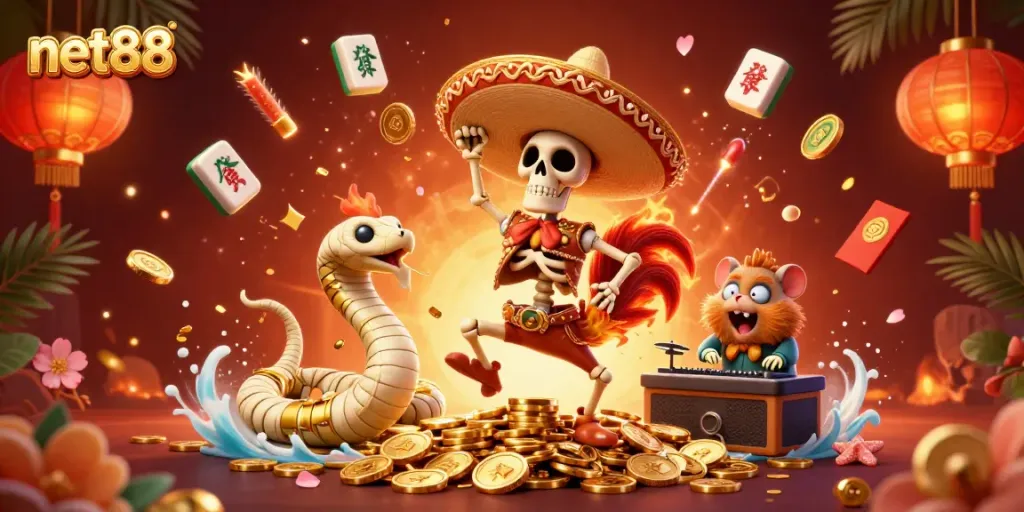 Experience the excitement of net88 with vibrant casino-themed characters celebrating on golden coins.