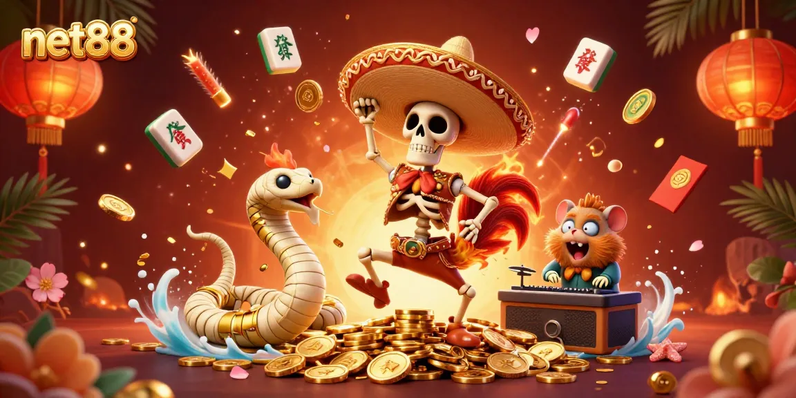 Experience the excitement of net88 with vibrant casino-themed characters celebrating on golden coins.