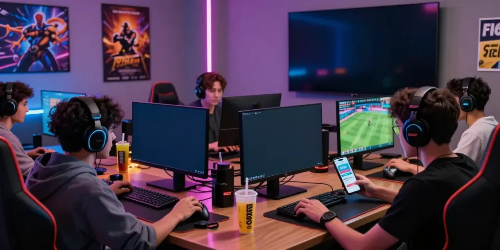 Group of friends engaging in gaming activities at DA88 online gaming lounge, showcasing interactive atmosphere and promotions.