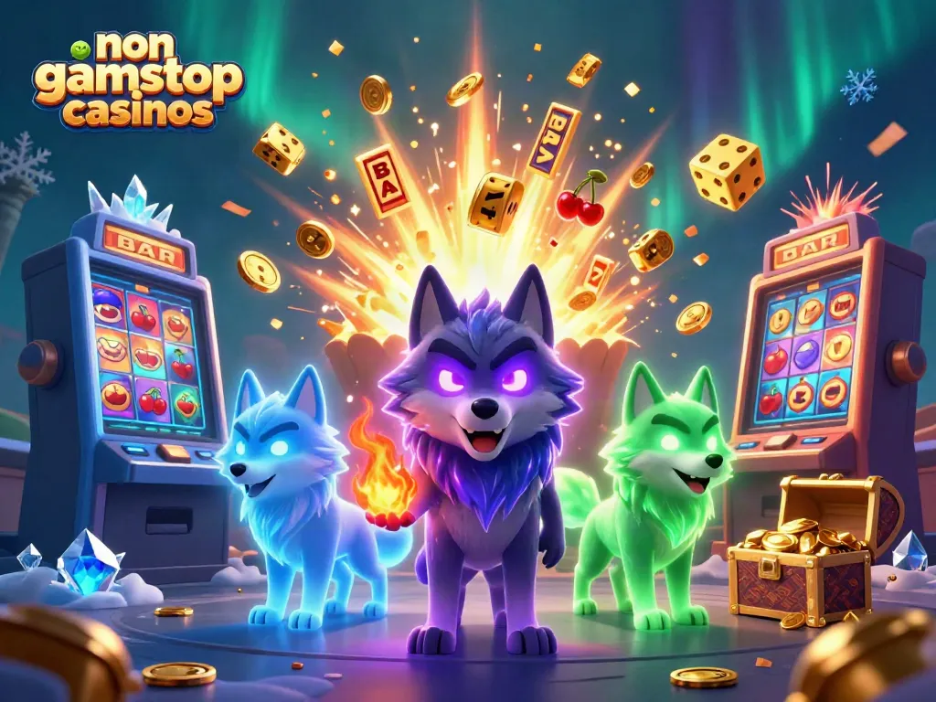 Engage in non gamstop casinos with cartoon wolves amidst a vibrant casino burst scene.