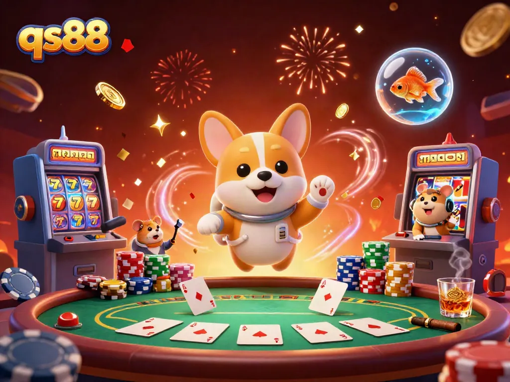 Experience excitement and wins at qs88 with vibrant casino-themed elements and playful characters.