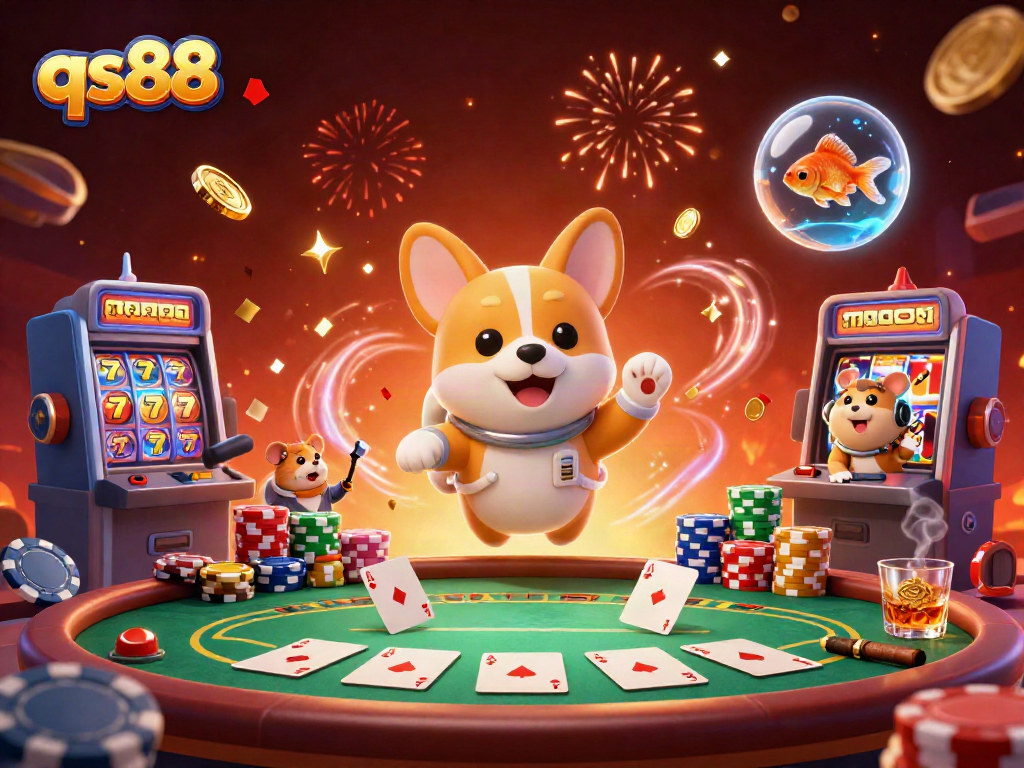 Experience excitement and wins at qs88 with vibrant casino-themed elements and playful characters.