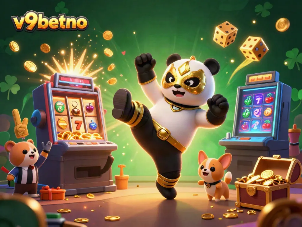 Join the excitement at v9betno with a vibrant casino scene featuring a wrestler panda and chihuahua referee!