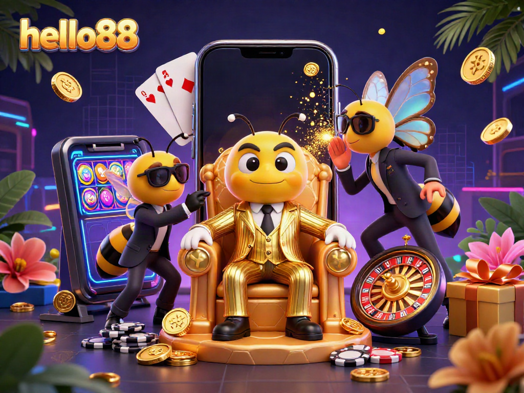 Experience excitement at hello88 with a dynamic casino scene showcasing colorful slot games and rich rewards.