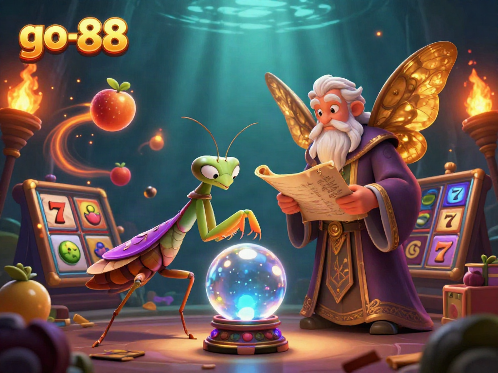 Engaging scene of go-88 showcasing a fortune teller and ancient librarian amidst vibrant casino elements.