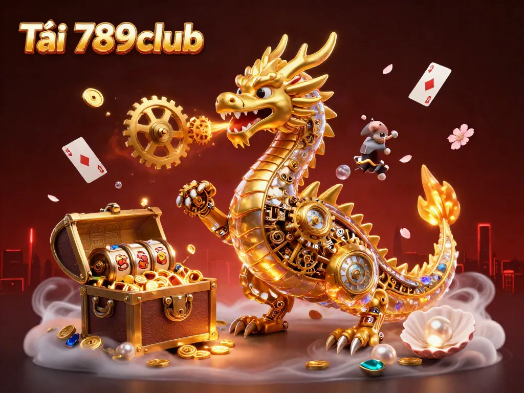 Engage with the Tải 789club experience featuring a golden dragon and vibrant game elements.