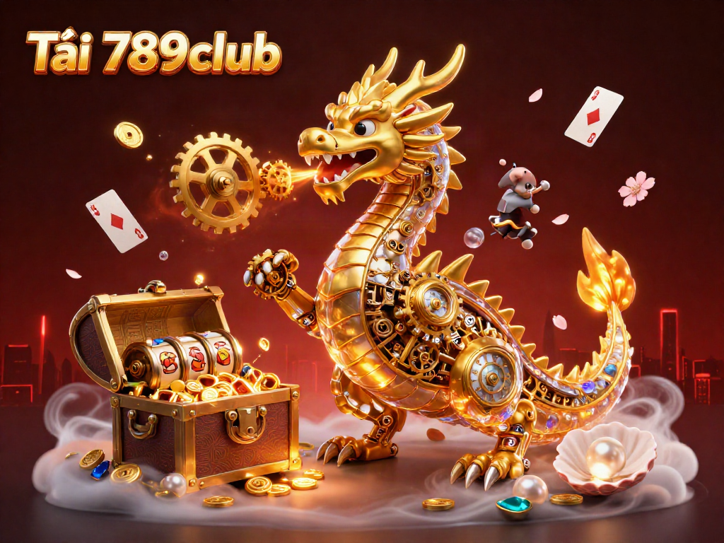 Engage with the Tải 789club experience featuring a golden dragon and vibrant game elements.