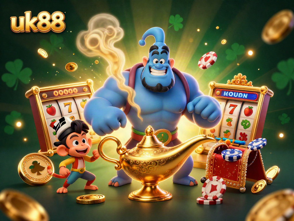 uk88 offers thrilling jackpot opportunities in a vibrant casino-themed illustration.