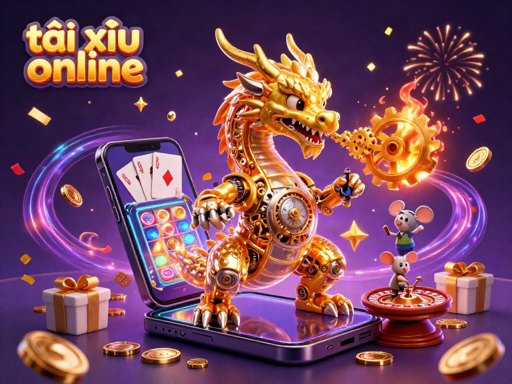 Experience the thrill of tài xỉu online with a dynamic illustration of a golden dragon amidst casino elements.