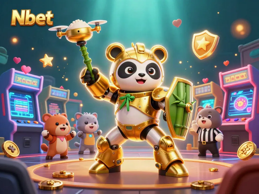 Nbet showcases a golden mech-suit panda battling in a vibrant casino arena.