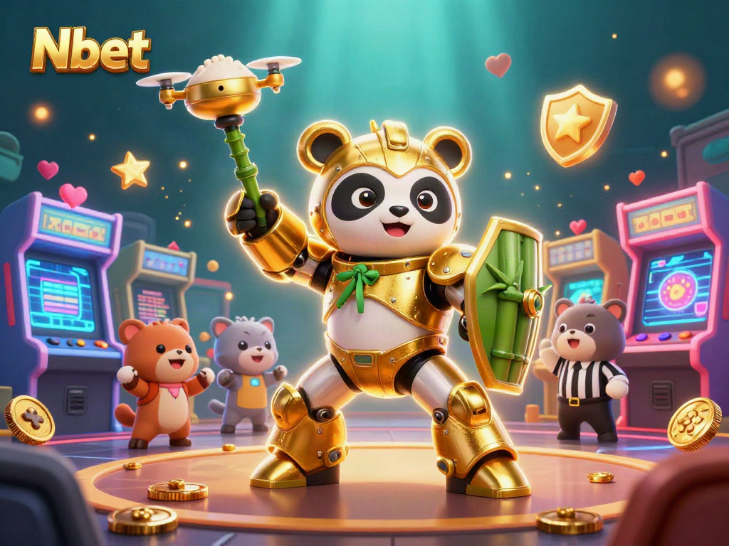 Nbet showcases a golden mech-suit panda battling in a vibrant casino arena.
