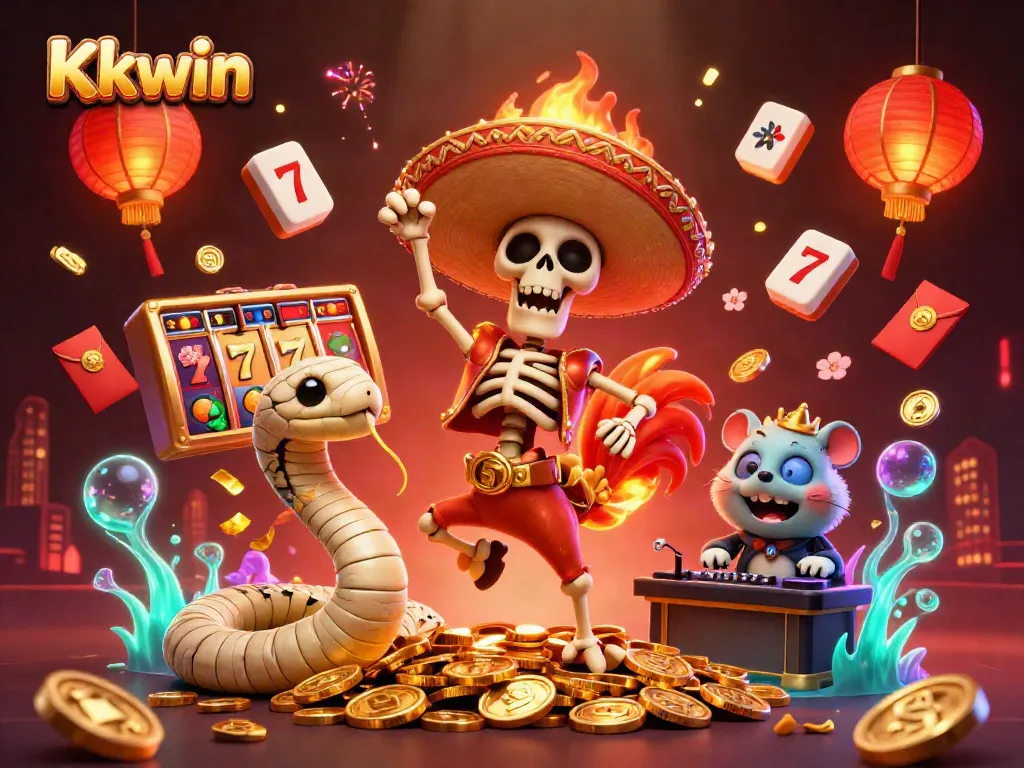 Kkwin's vibrant illustration of a mariachi rooster celebrating amidst slot game elements, radiating excitement.