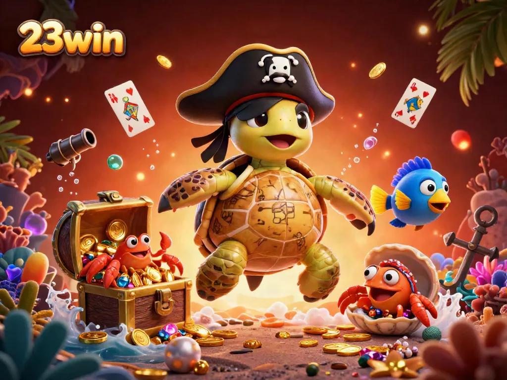 Capture the thrill of 23win casino with cartoon turtles, treasures, and vibrant underwater elements.