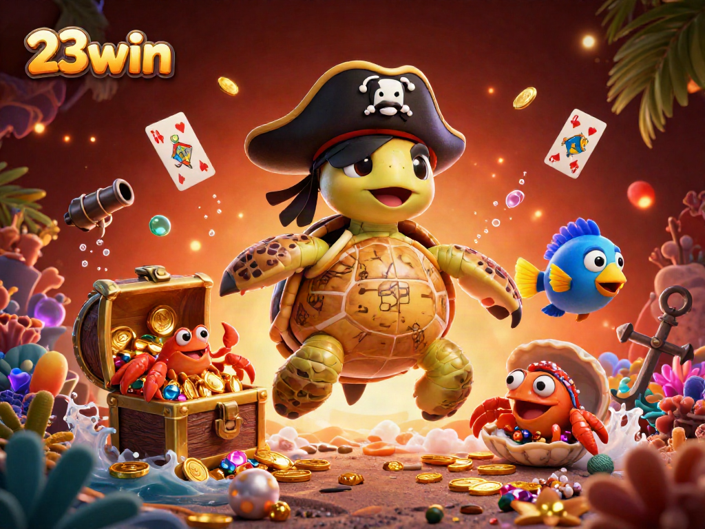 Capture the thrill of 23win casino with cartoon turtles, treasures, and vibrant underwater elements.