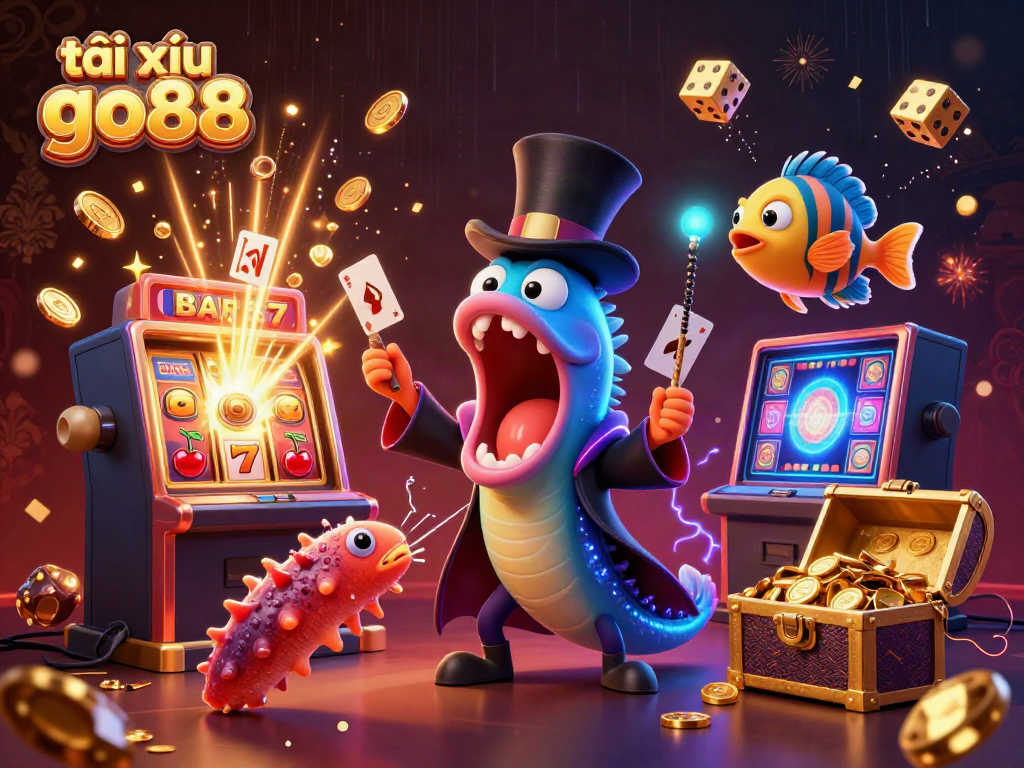 Engage in tài xỉu go88 magic with characters performing dazzling tricks amidst casino excitement.