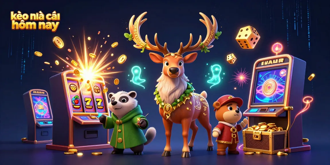 Engaging illustration highlighting kèo nhà cái hôm nay with cartoon druid stag, badger, and dynamic casino elements.