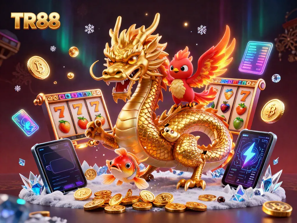 Engage with TR88's exciting gambling world featuring a golden dragon, phoenix, and koi fish amidst vibrant slots and floating cryptocurrencies.