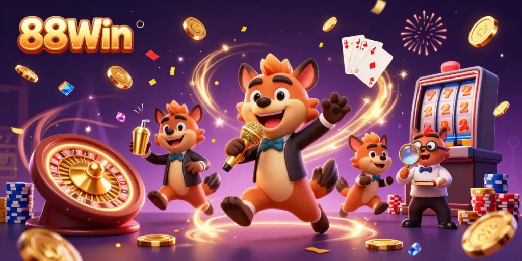 Engaging 3D scene featuring 88Win's vibrant casino environment with hyenas as entertainers.