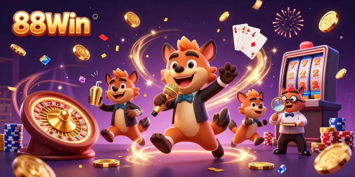Engaging 3D scene featuring 88Win's vibrant casino environment with hyenas as entertainers.