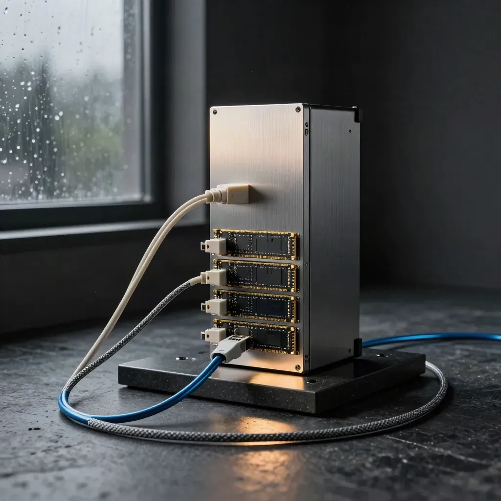 Brushed-aluminium server blade with fibre leads and SSD caddies on dark stone, lit in a premium hero setup.