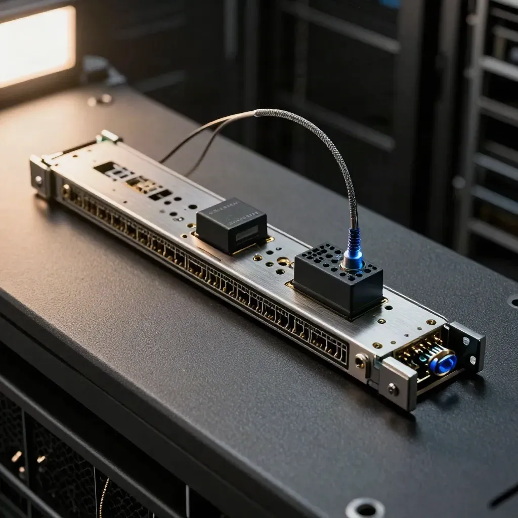 Close macro of server hardware parts on graphite, aligned under skimming light with a cobalt accent.