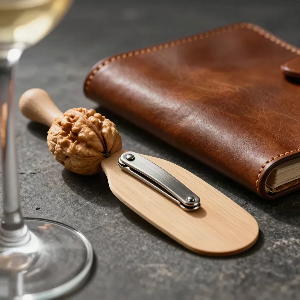 Walnut meeting paddle, brushed-metal clicker and leather folio on dark stone, seen through a glass stem.
