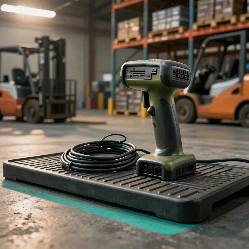 Docked warehouse scanner, radio handset and cable coil on a tray, seen through a blurred forklift guard.