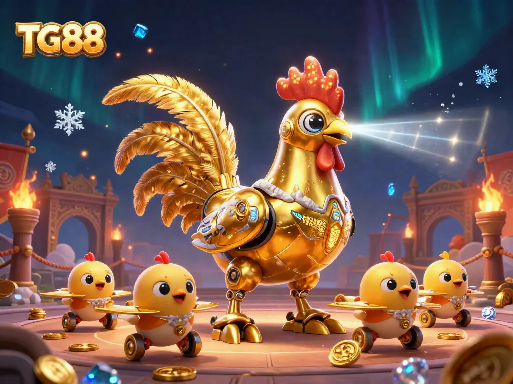 Experience exciting wins at TG88 with a vibrant 3D casino illustration showcasing a golden rooster robot.