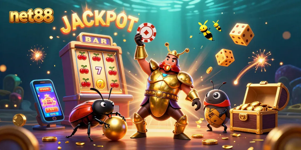 Experience the excitement of net88 with a victorious beetle character celebrating a jackpot in a colorful casino scene.