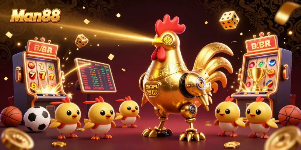 Bet on Man88 with an engaging scene featuring a golden rooster robot and sports betting elements.
