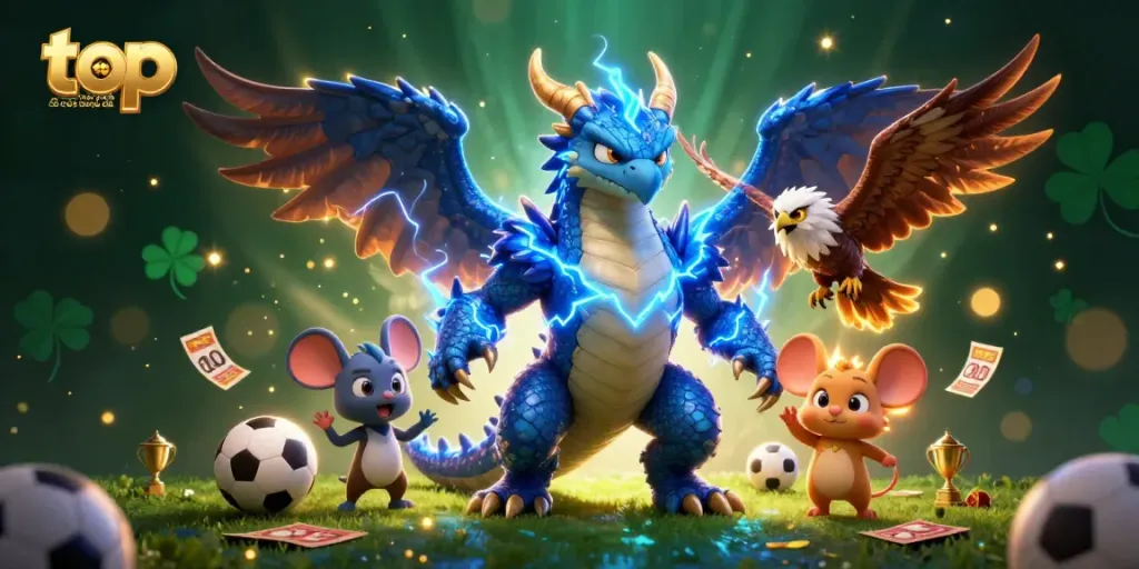 Bet on top nha cai uy tin cá cược bóng đá with powerful dragon, wind hawk, and sports symbols