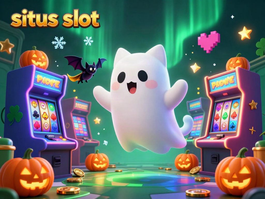Situs slot illustration with a ghost cat and a bat in a vibrant casino setting showcasing slot machines and glowing jackpots.