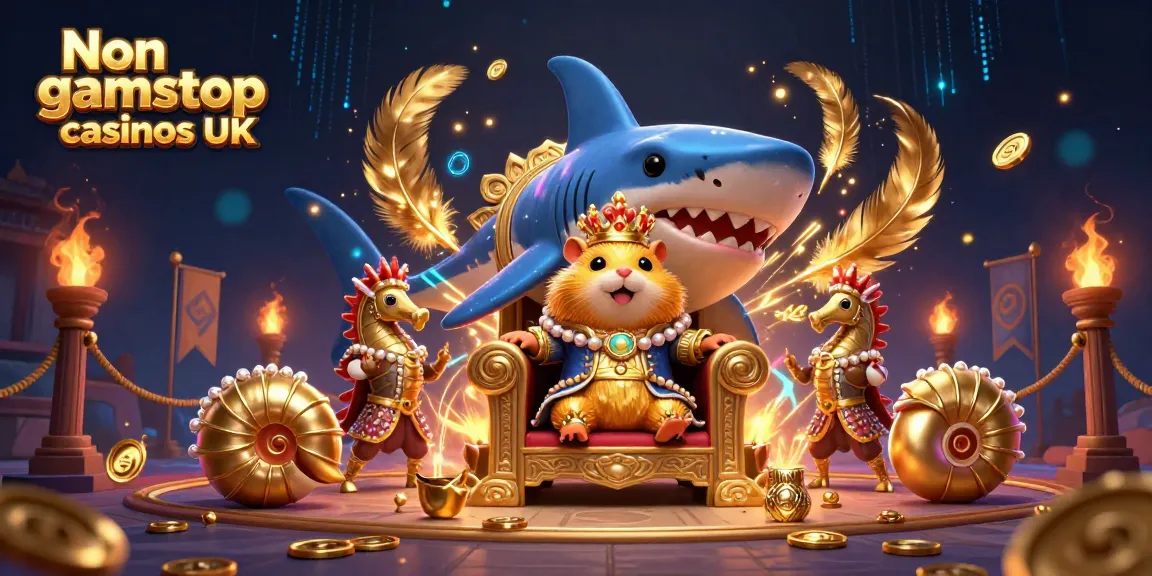 Engage with Non gamstop casinos UK, featuring a golden hamster king on a megalodon tooth throne surrounded by magical seashell guards.